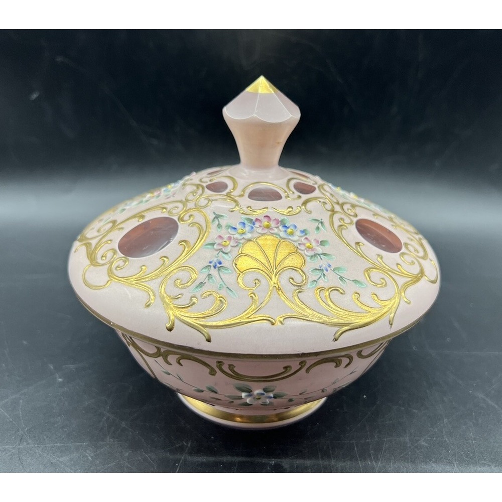 Antique Hand Painted German Crystal Jar Dish with Lid